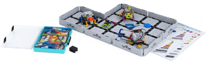 Ресурсный комплект VEX GO — собранная площадка с моделями Собранное игровое поле VEX GO со стенами и разметкой, модели роботов на площадке