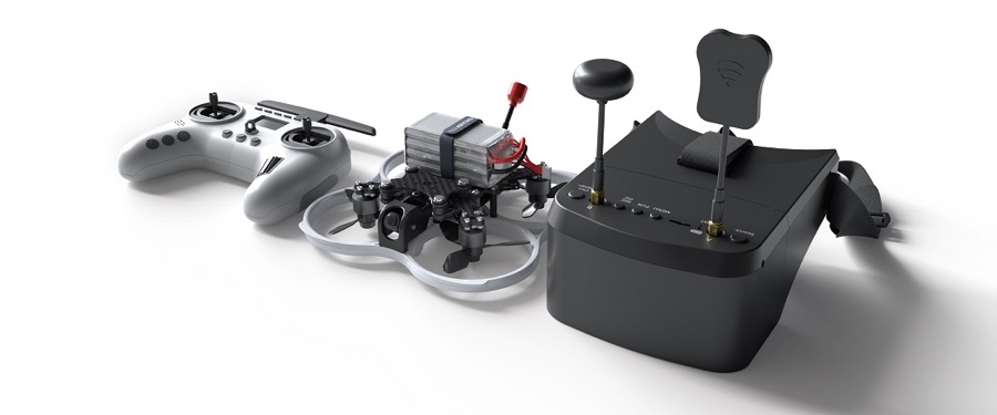 Комплект поставки Геоскан Пионер FPV: пульт управления, квадрокоптер CineWhoop с защитой винтов, FPV-шлем