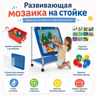 Инфографика-обзор комплектации: контейнер, панель, рабочие карточки, фишки