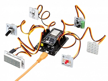 Образовательный набор «Введение в Интернет вещей» v3 — Макет: ESP32 + клавиатура 4 кнопки, потенциометр, 4-разрядный индикатор, светодиодный модуль
