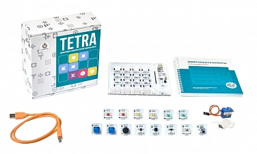 Образовательный набор Tetra mBlock — Открытая коробка: плата, 14 модулей в коробочках, кабель, книга